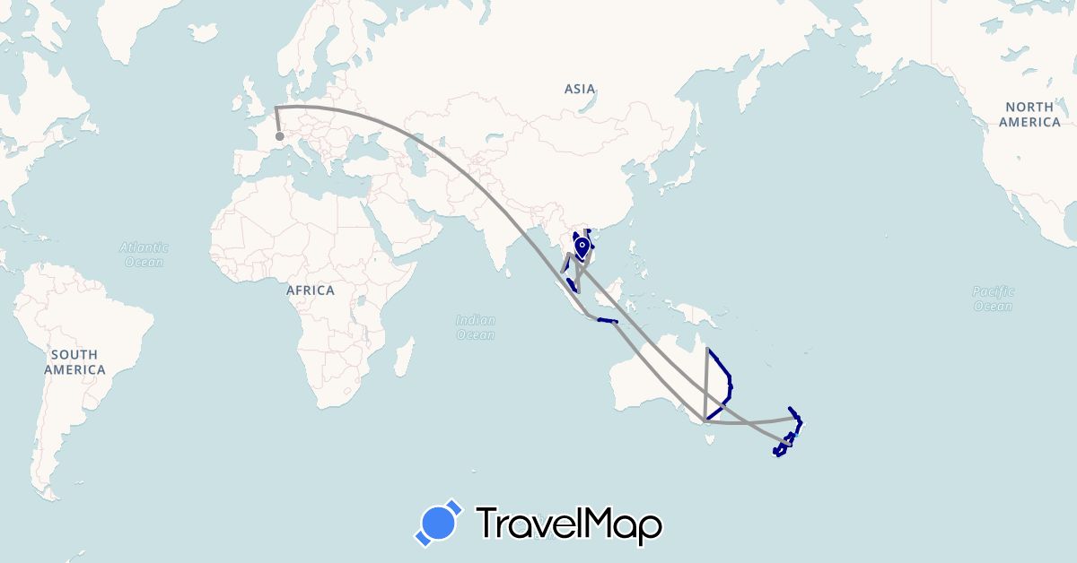 TravelMap itinerary: driving, plane, boat in Australia, Switzerland, Indonesia, Cambodia, Laos, Malaysia, Netherlands, New Zealand, Singapore, Thailand, Vietnam (Asia, Europe, Oceania)
